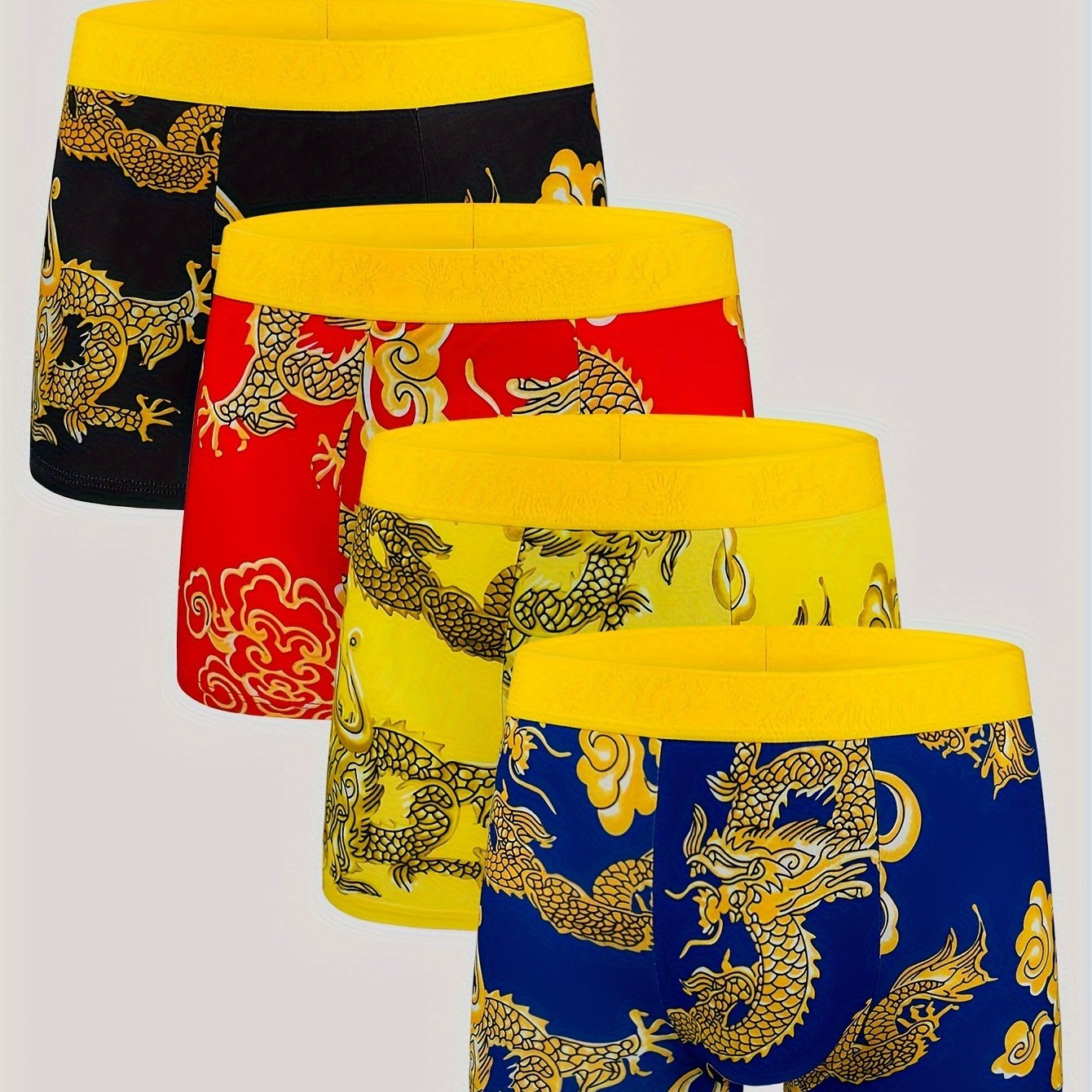 Men's Dragon Print Boxer Briefs 4-Pack Breathable Stretch Knit Fabric