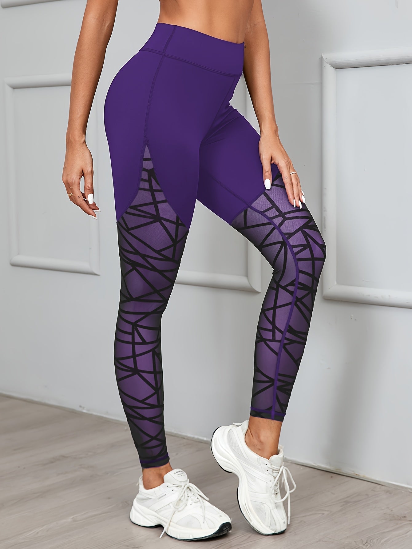 Women's High Waist Geometric Mesh Leggings for Yoga and Fitness Medium Stretch Polyester