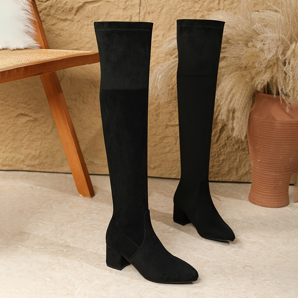 Women's Solid Color Chunky Heel Over The Knee Boots Dress Shoes