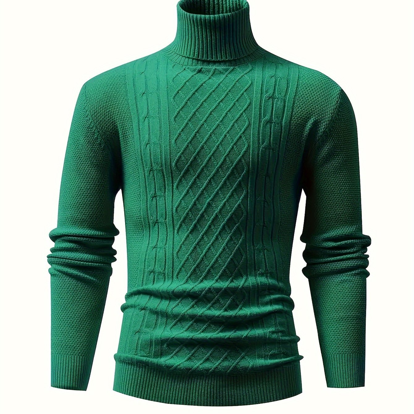 Men's Cable Knit Turtleneck Sweater Fall Winter Long Sleeve Solid Color Stretch Pullover