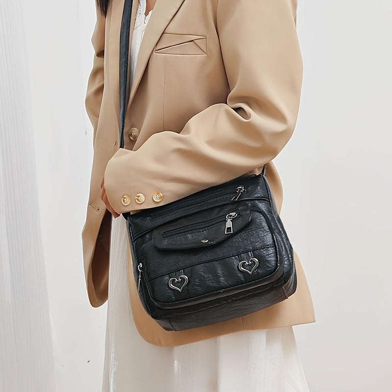 Black Crossbody Bag with Vintage Quilted Design Adjustable Strap Zipper Closure Tassel Embellishment