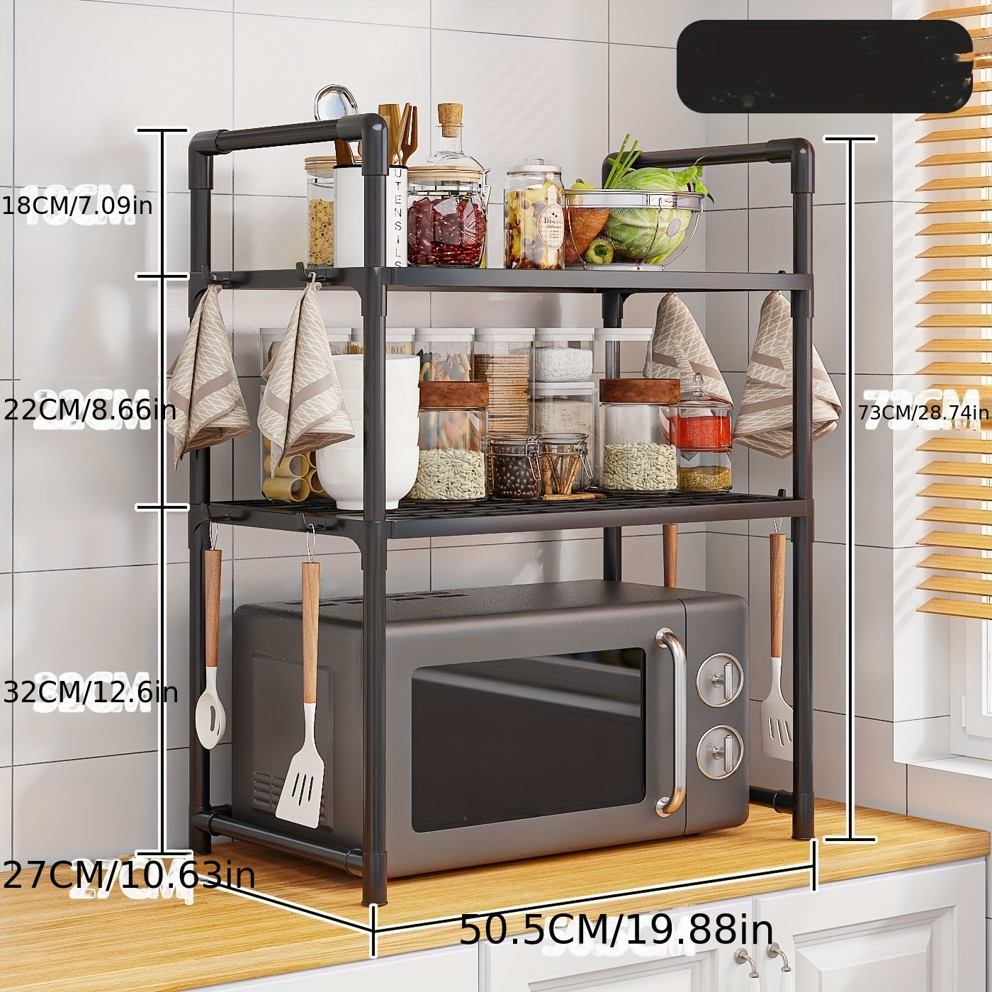3-Tier Adjustable Kitchen Organizer Rack Plastic Metal Storage for Microwave Oven Countertop