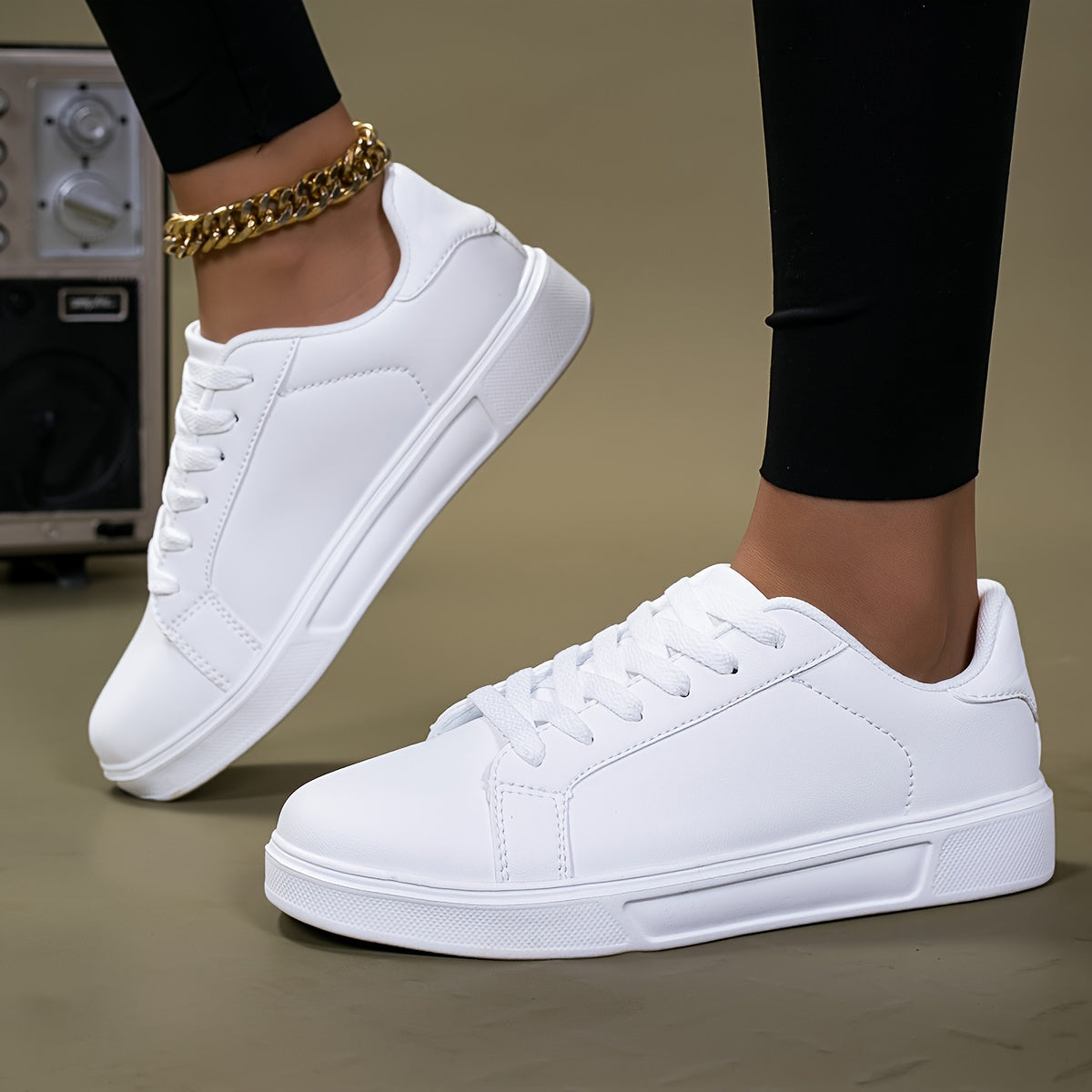 Women's White Breathable Flat Bottom Sneakers for Fitness and Casual Wear
