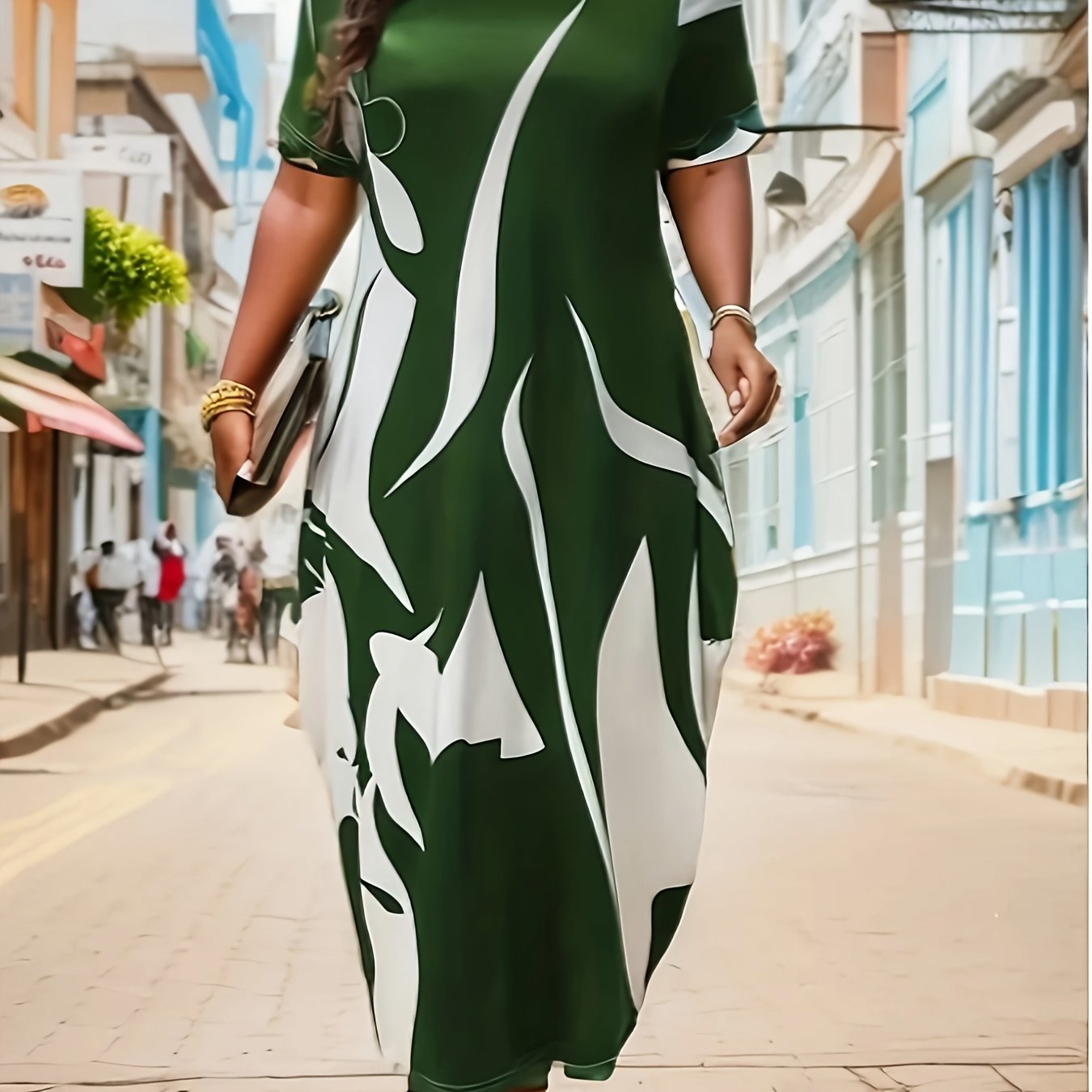 Ayollar uchun midi ko'ylak, tasodifiy krujka, qisqa yenglar, cho'ziluvchan mato, bahor/yaz uchun ideal