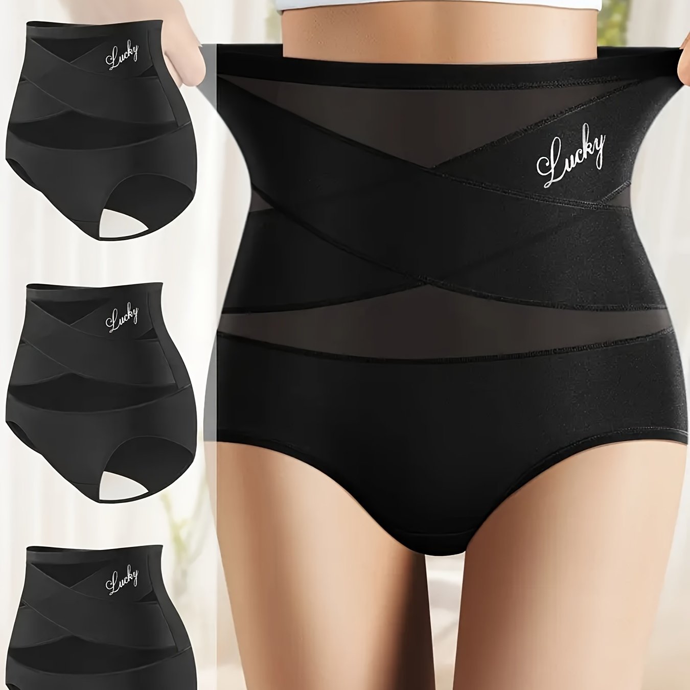 3-Pack High Waist Shapewear Panties with Alphabet Print Adjustable Cross Design Polyester Elastane Knit Fabric