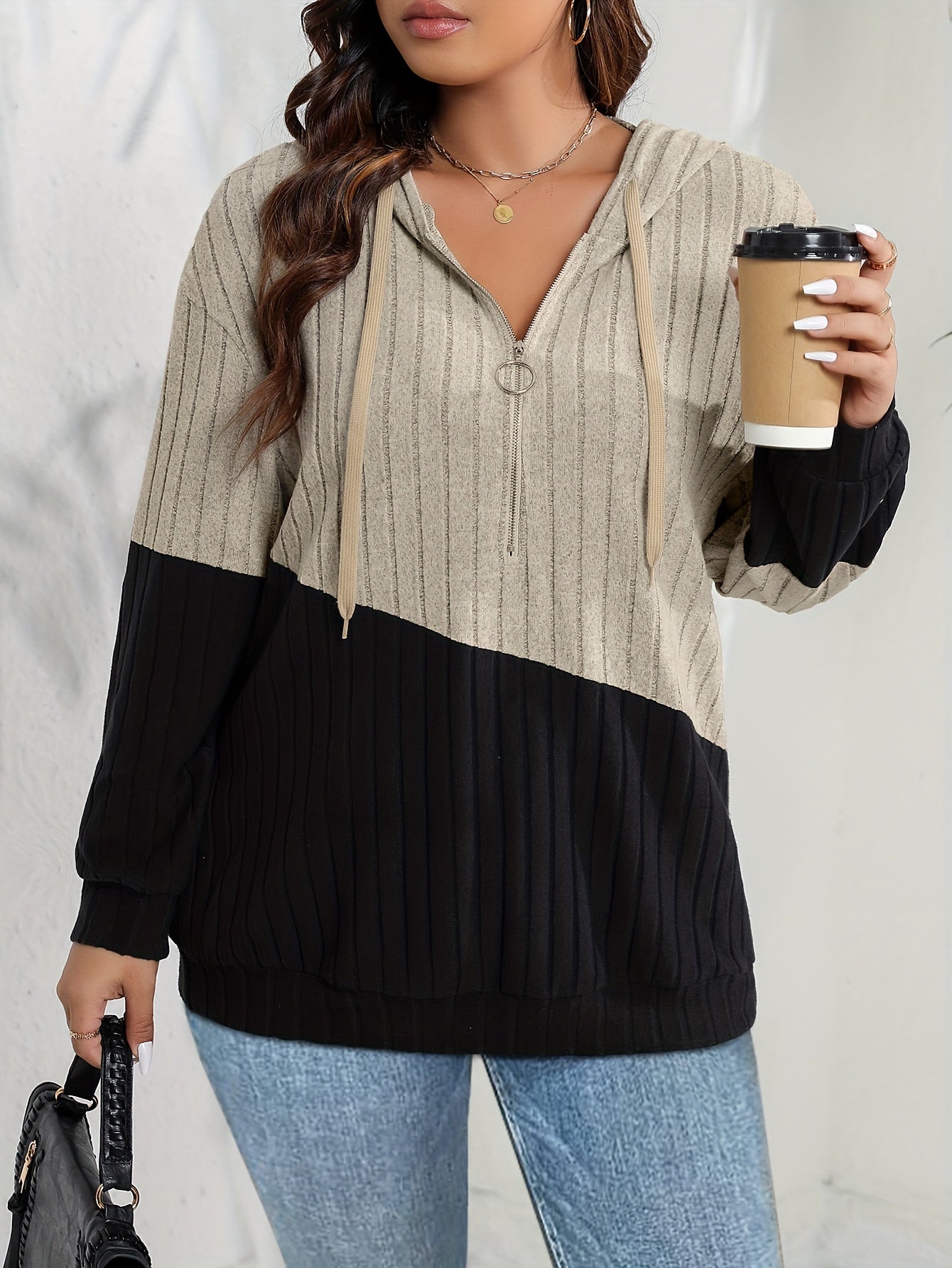 Plus Size Women's Hoodie Sweatshirt Black Contrast Half-Zip Cozy Autumn Winter Warmth