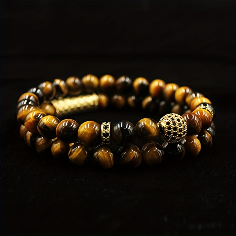 Set of 2 Tiger Eye Beaded Bracelets 8mm Stretchy Yoga Accessories for Men