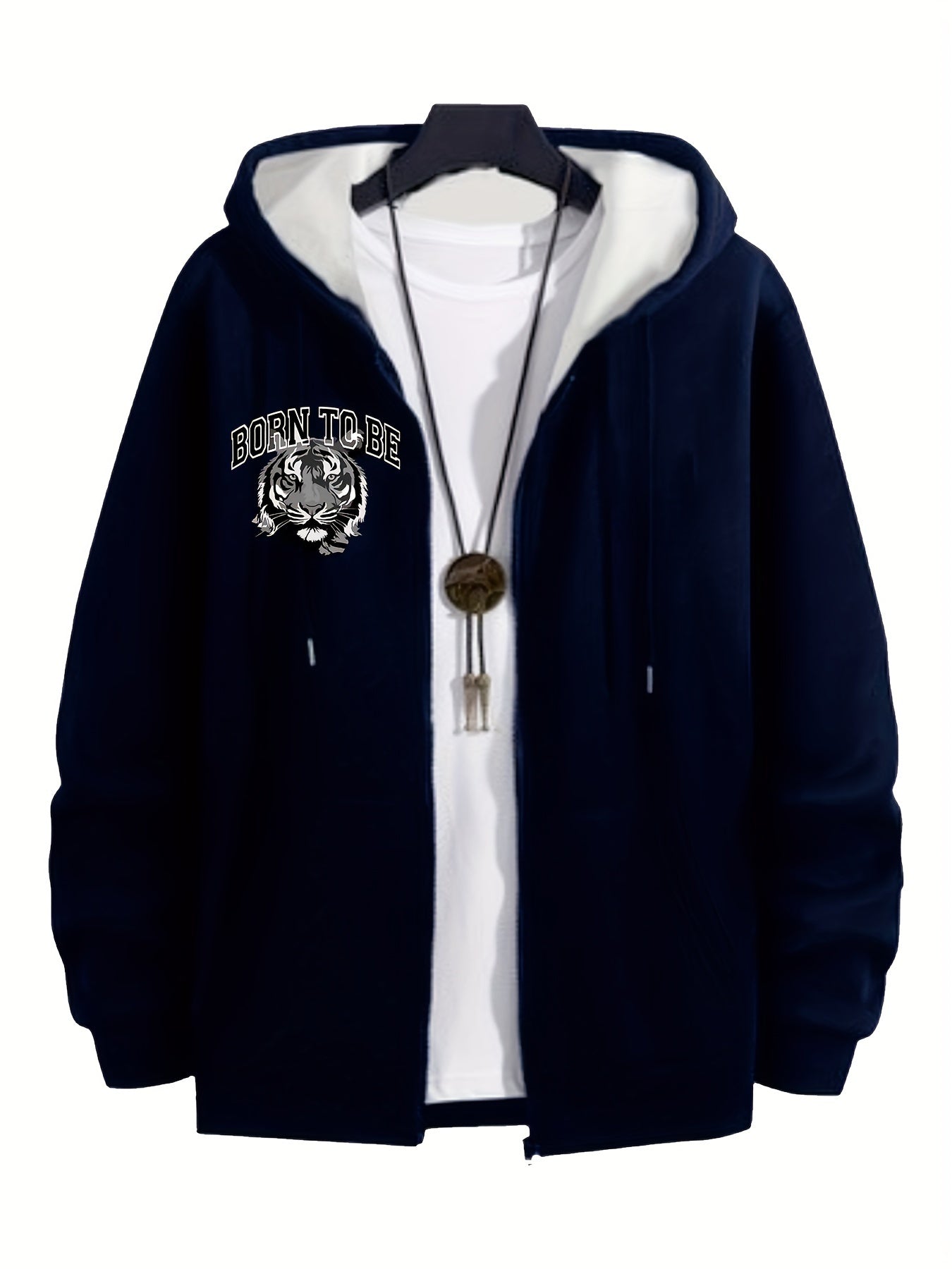 Plus Size Men's Hooded Zipper Jacket with Tiger Head Print Polyester Knit Fall Winter