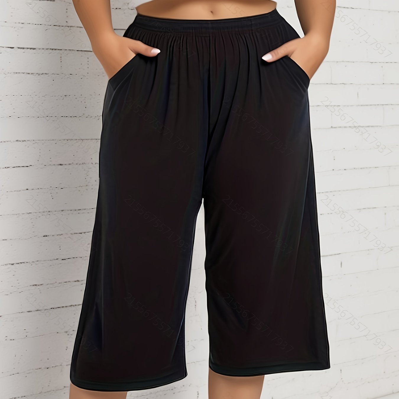 Women's Plus Size Stretchy Capri Pants with Pockets Black Wide Leg
