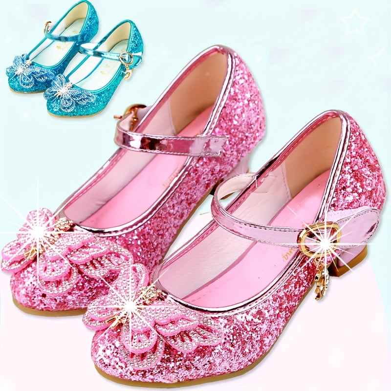 Girls High Heels Pink Rhinestone Bowknot Formal Shoes for Weddings and Events