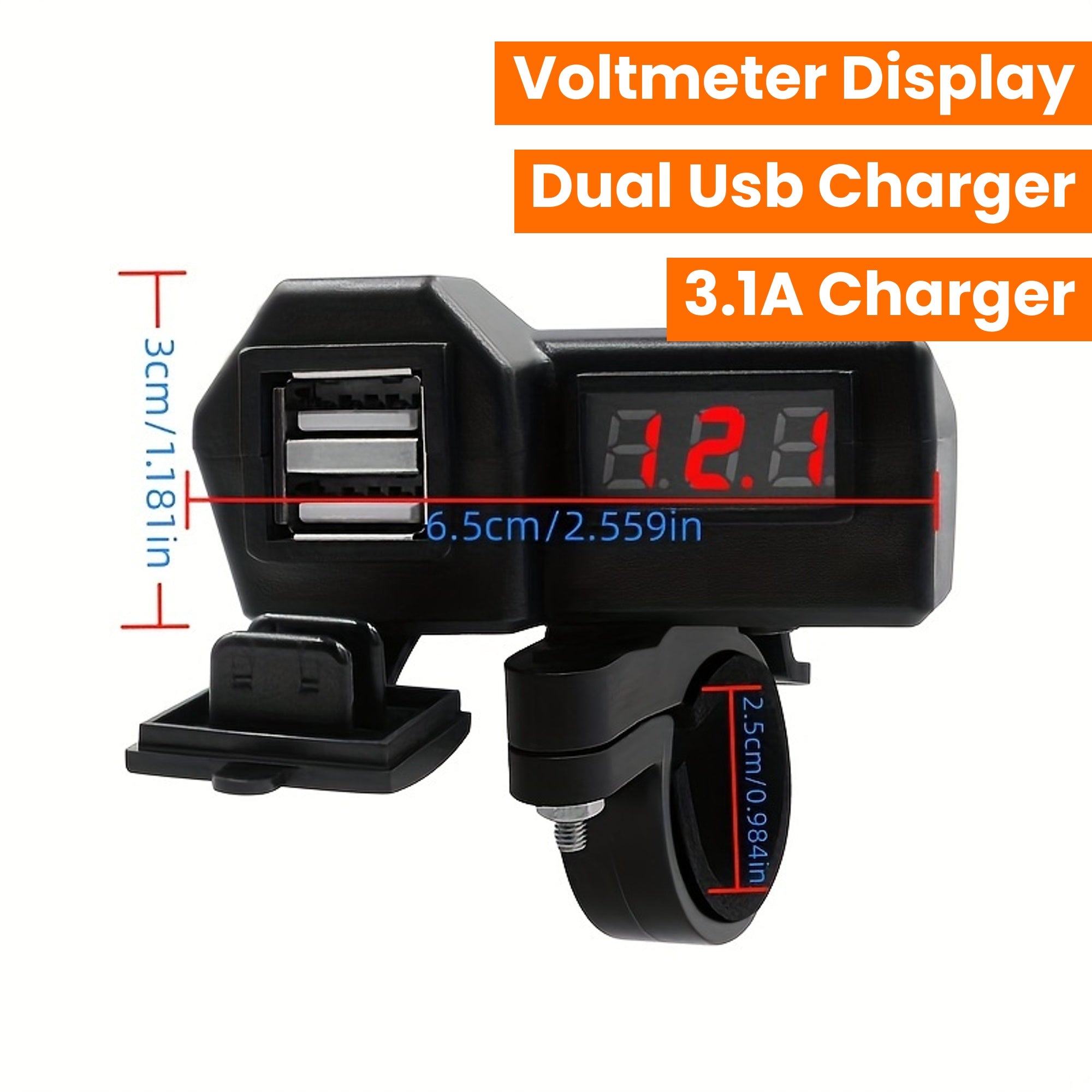 Motorcycle Dual USB Charger With Voltmeter Handlebar Mount