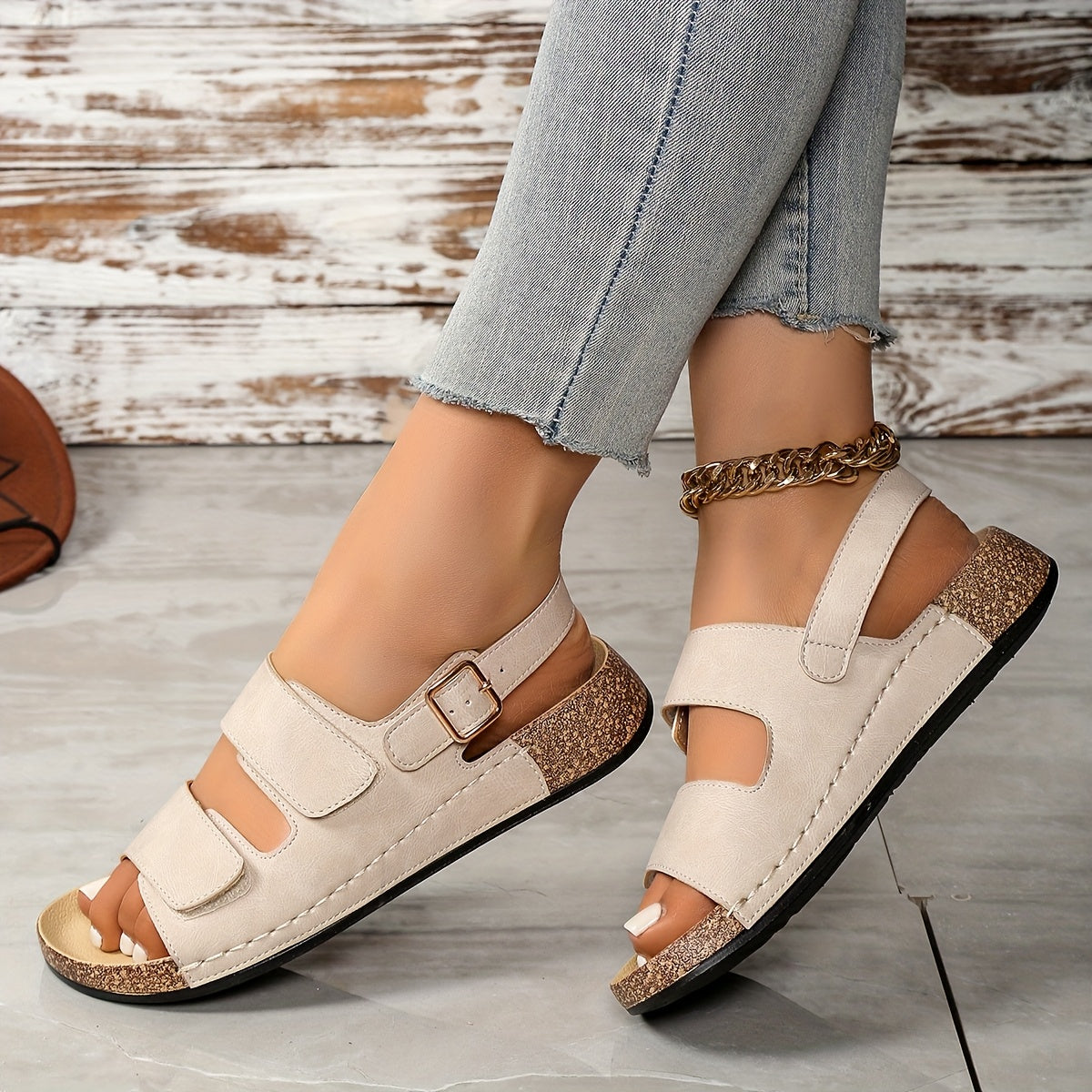 Women's Summer Sandals Open Toe Cushioned Dark Blue Cork Strappy