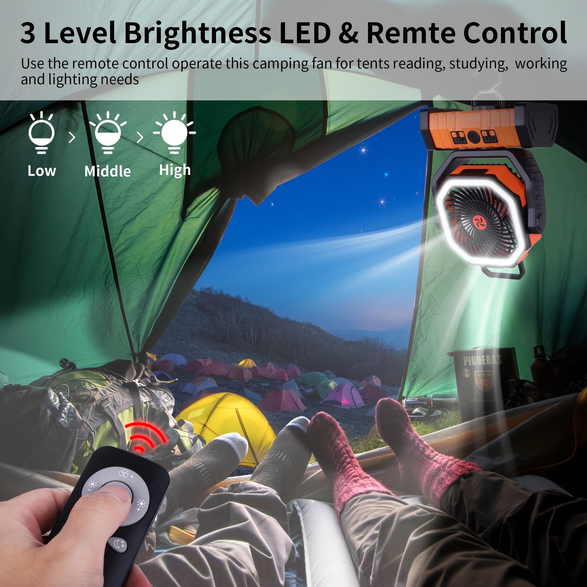 Portable Camping Fan with LED Light and 20000mAh Battery, 4-Speed, Rechargeable USB, Hexagonal Design, Orange and Black