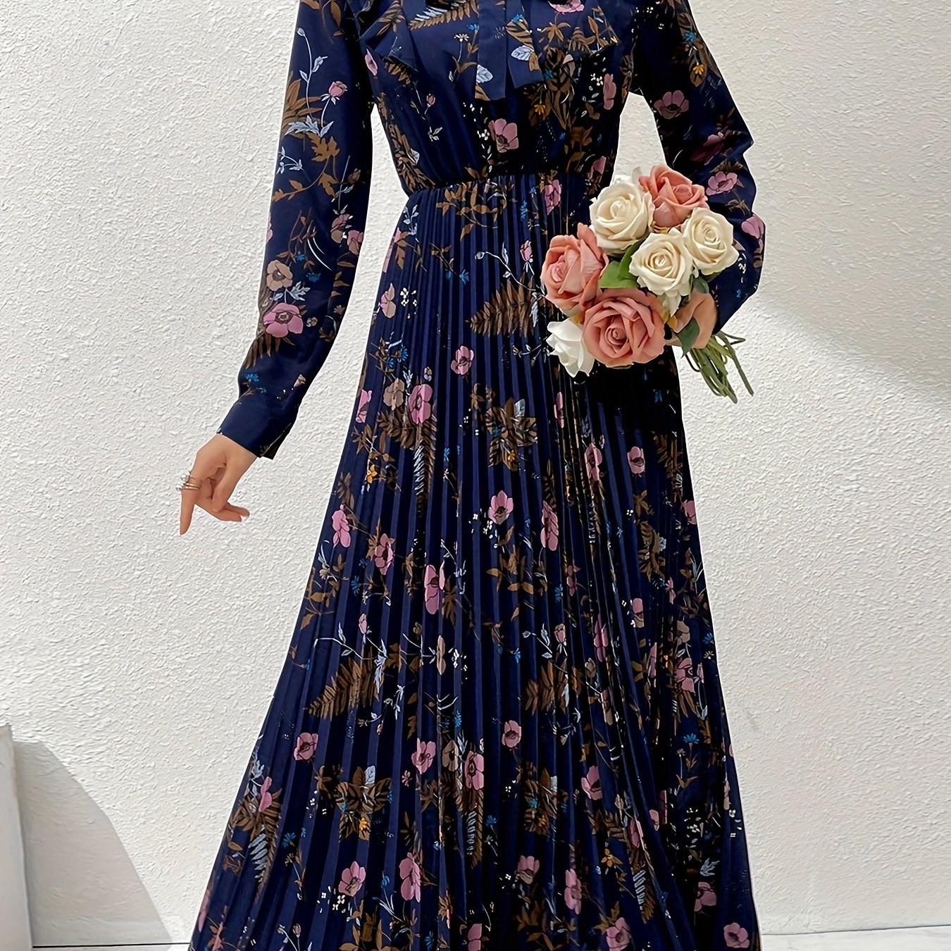 Floral Print Kaftan Dress with Tie Neck Ruffle Trim Long Sleeve Pleated Maxi for Women