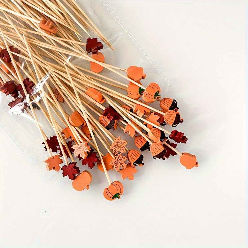 Bamboo Cocktail Picks for Appetizers and Fruit Skewers with Decorative Leaves Pumpkins and Acorns Set of 50