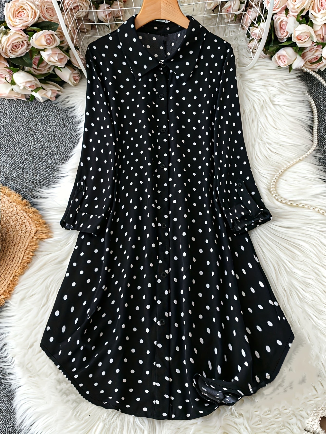 Plus Size Polka Dot Dress with Button Front Long Sleeves for Women