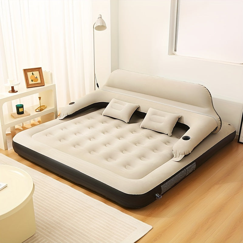 Inflatable Air Mattress with Headboard, Flocked Top, No Electric Pump