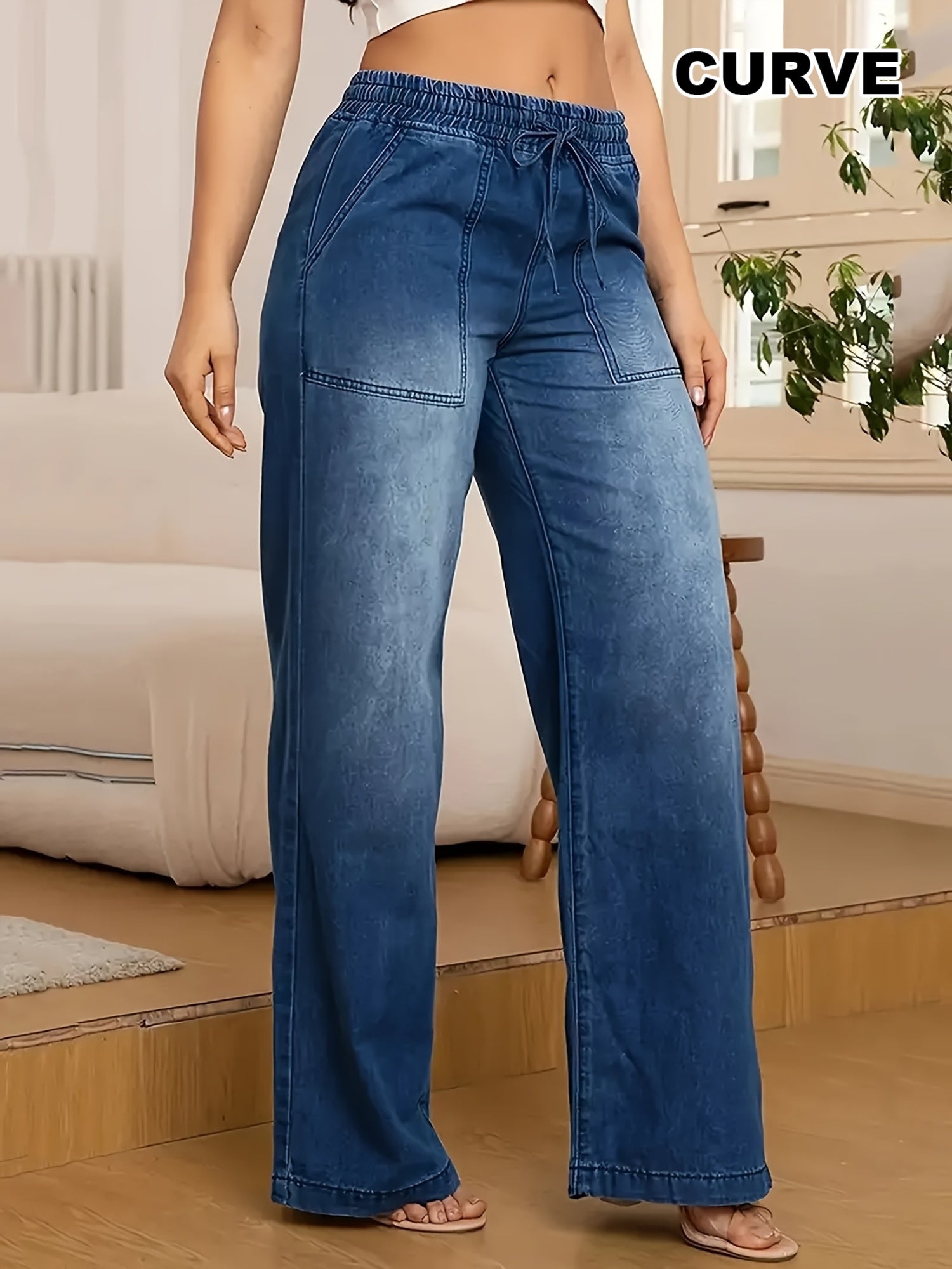 Women's Plus Size Wide Leg Jeans High Stretch Loose Fit Casual Pants