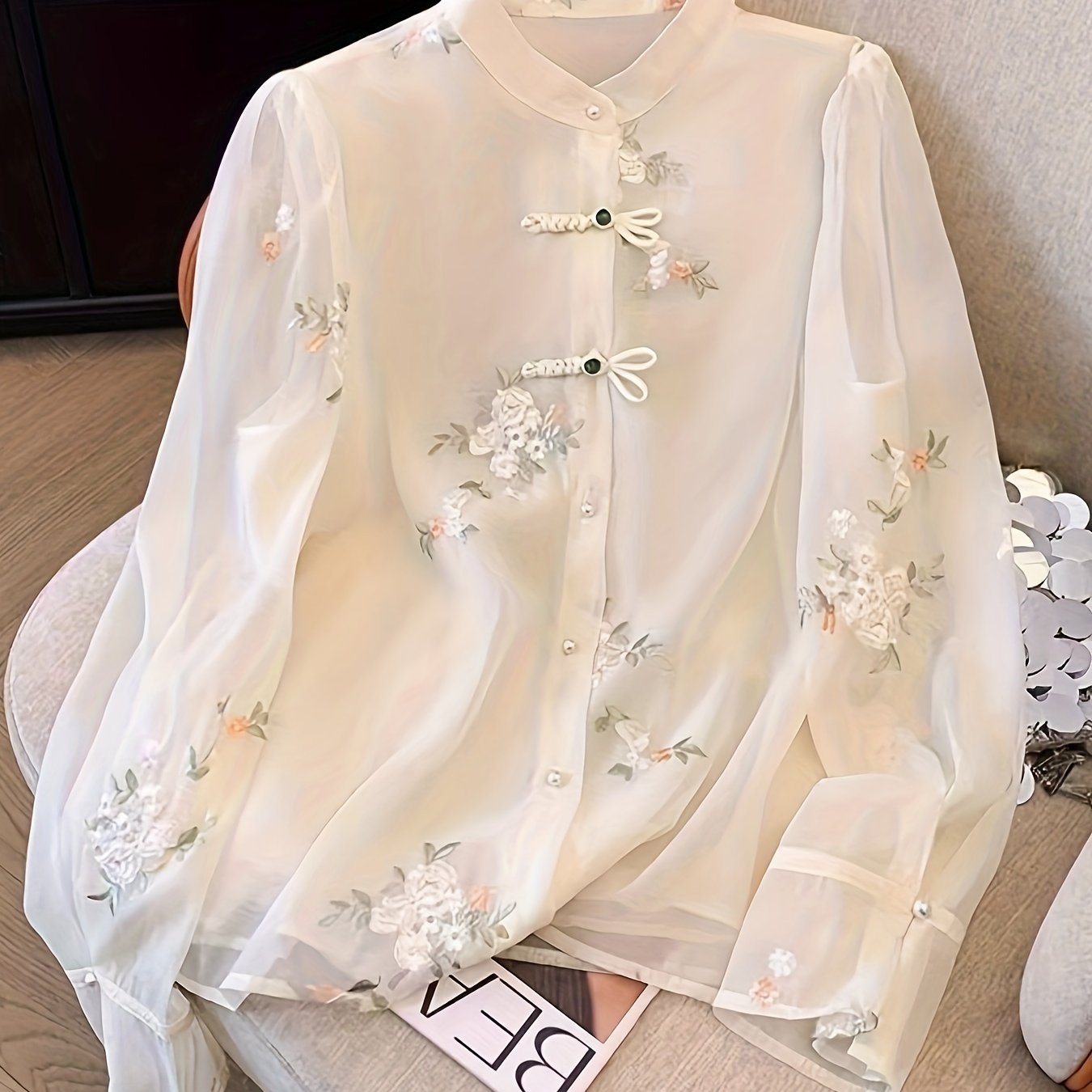 Women's Embroidered Polyester Blouse with Mandarin Collar for Spring and Fall