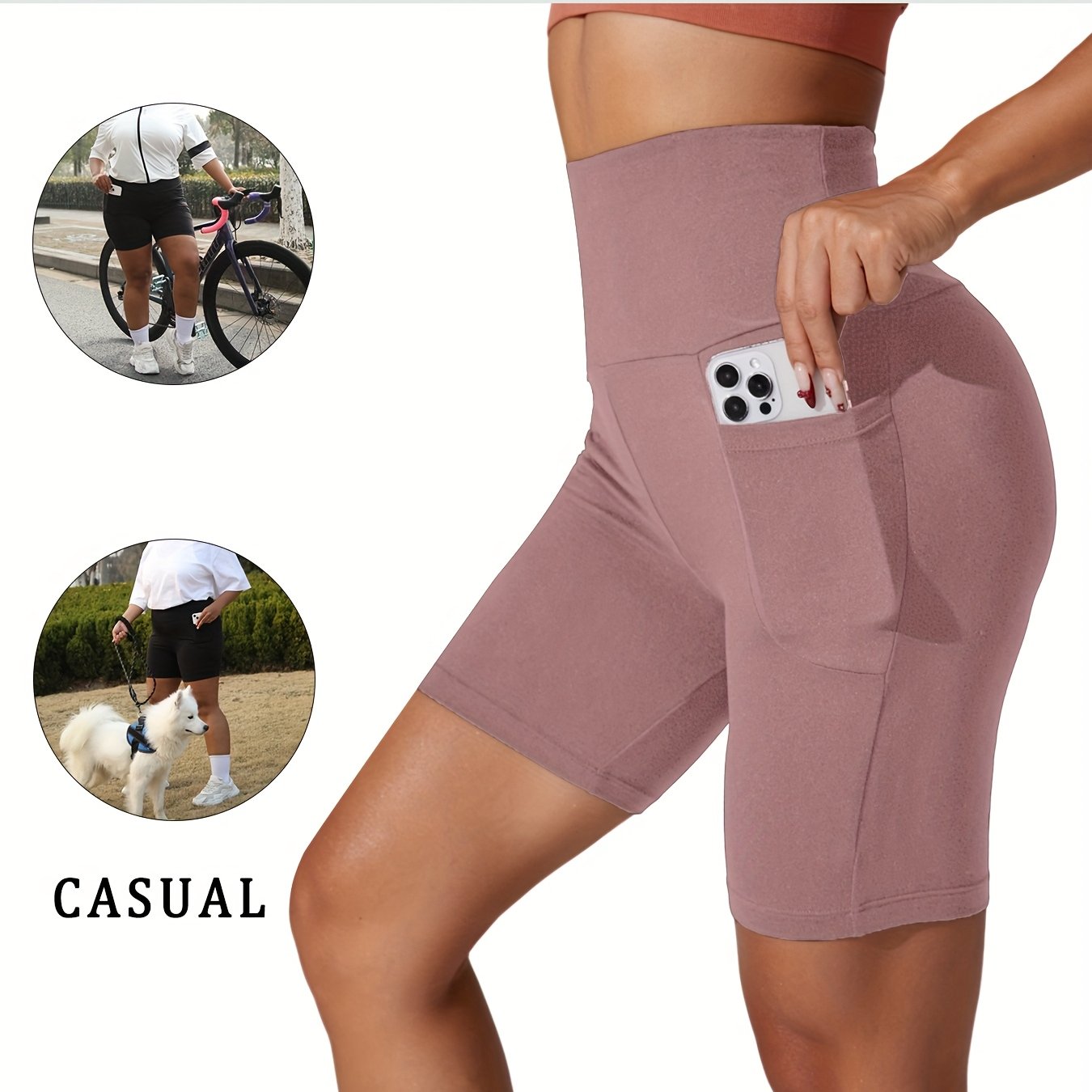 Plus Size High Waisted Biker Shorts Women Pockets Tummy Control Dark Blue