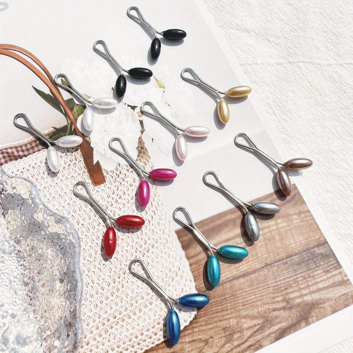 Set of 12 Faux Pearl Bead Scarf Buckles for Muslim Hijab Accessories