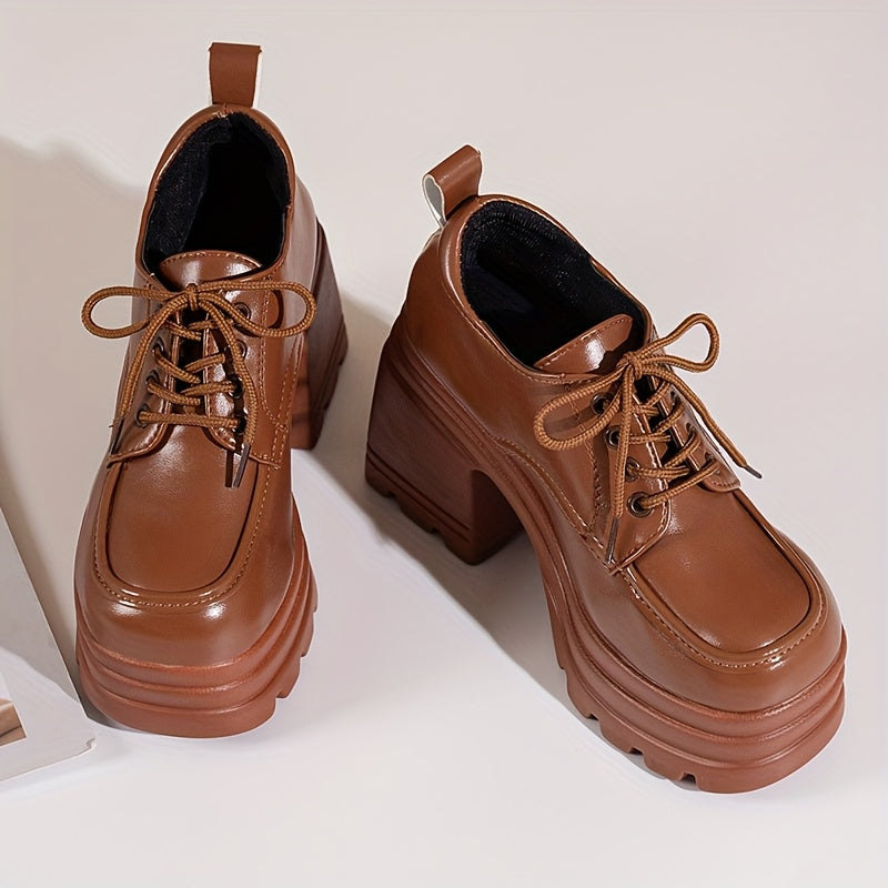 Women's Chunky Heel Lace-Up High Heels Brown Synthetic Rubber Sole