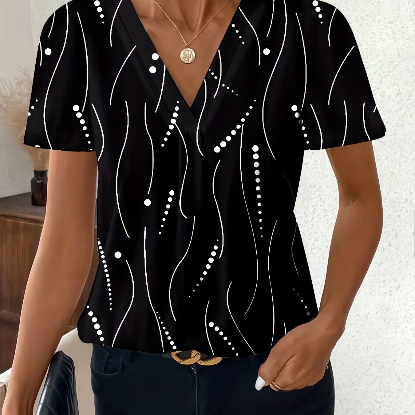 Women's Plus Size V-Neck Polka Dot Short Sleeve T-Shirt Casual Fall Wear