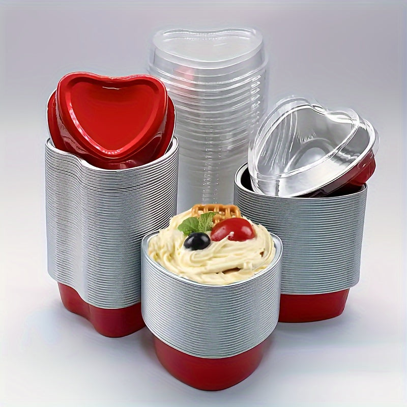 50 Heart-Shaped Aluminum Foil Cake Cups with Lids for Valentine's Day Weddings and Birthdays