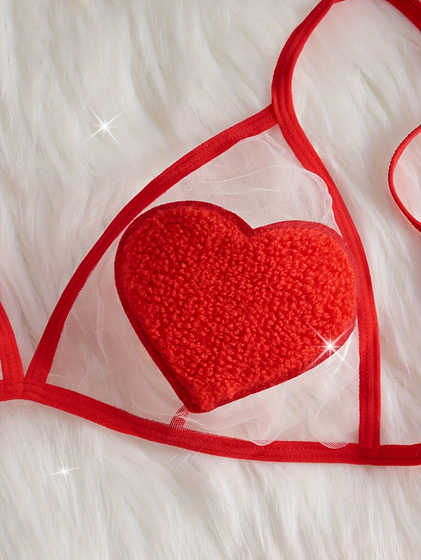 Women's Red Mesh Lingerie Set with Bra and See-Through Thong for Valentine's Day
