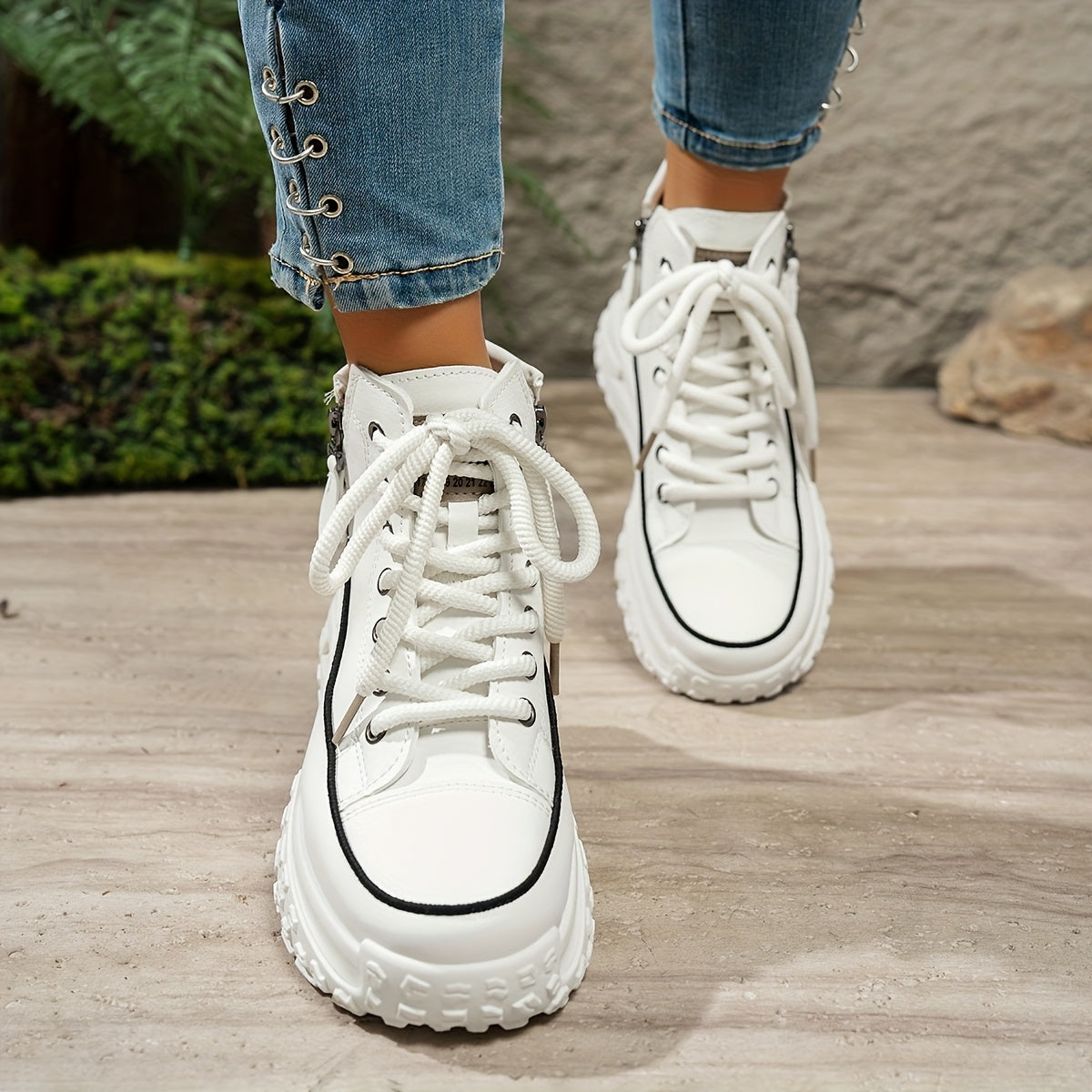 Women's High-Top Platform Sneakers with Rubber Sole Slip-Resistant Beige Black