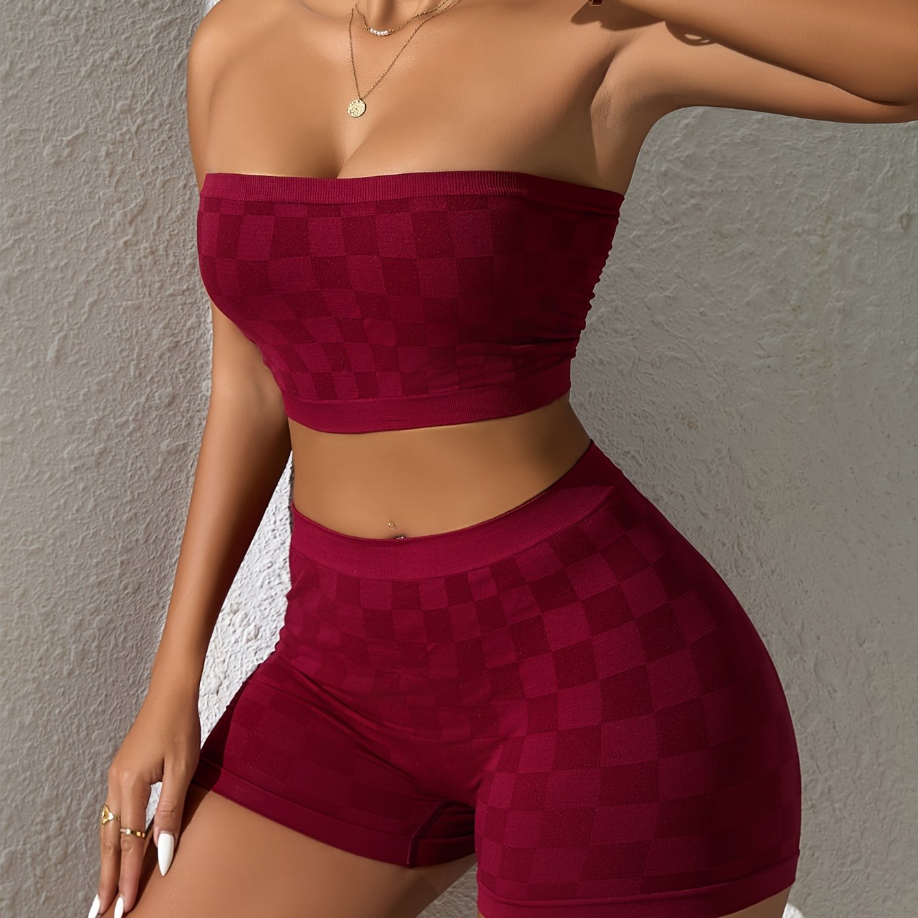 Women's Casual Plaid Lingerie Set with Strapless Top and Boyshorts