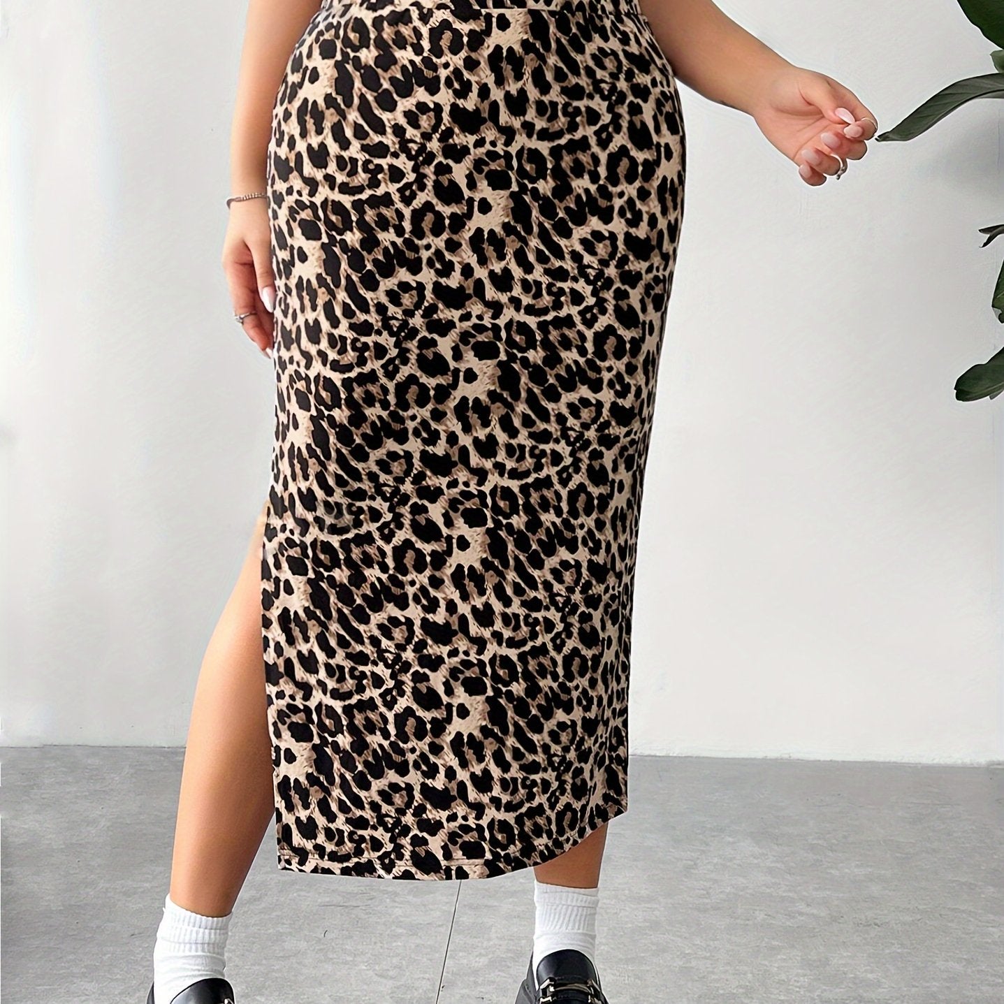 Women's Leopard Print Midi Skirt Polyester Knit Side Split Bodycon