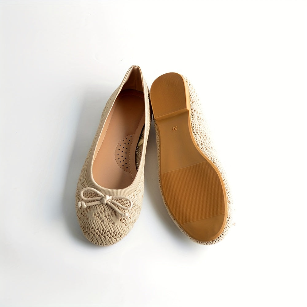 Women Slip-On Ballet Flats Breathable Knit Round-Toe Shoes Black Beige