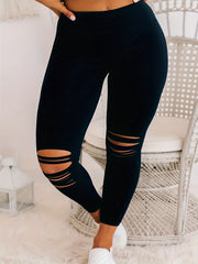 Leggings de talla grande para mujer negras de cintura alta con detalle de orificio