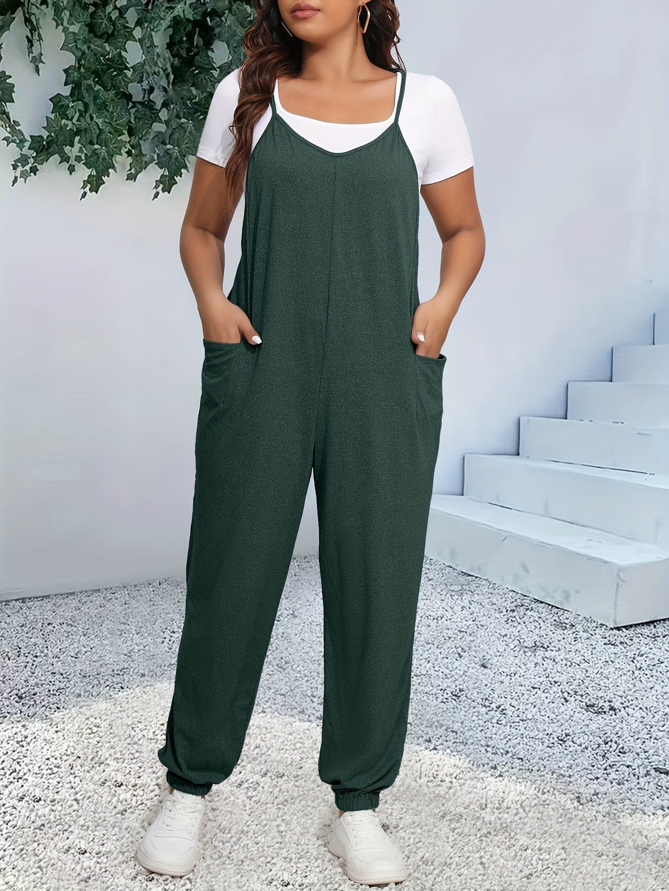 Plus Size Women's Heathered Cami Jumpsuit with Pockets Tapered Leg