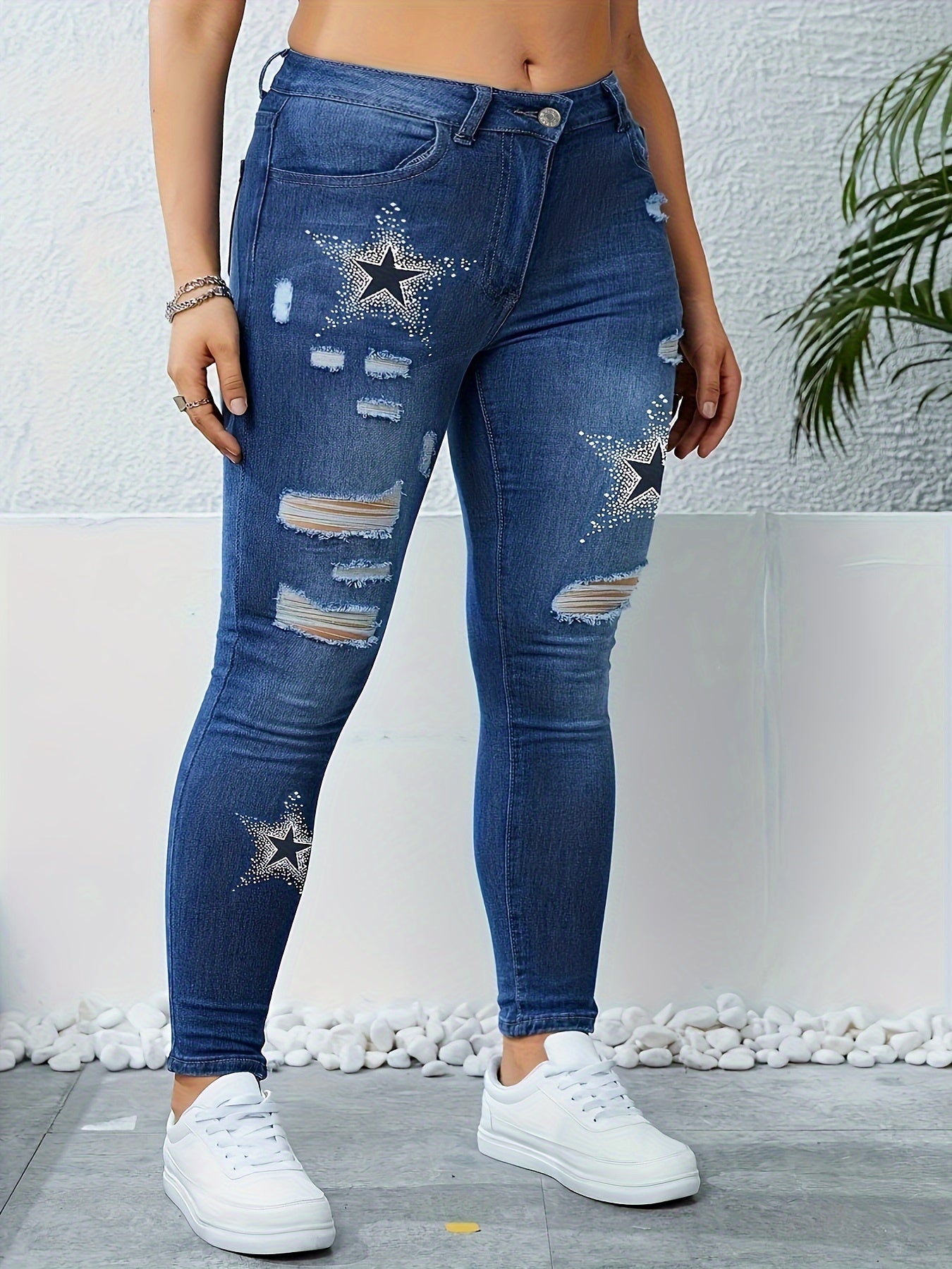 Women's High-Waist Star Print Distressed Skinny Jeans Stretch Denim Light Blue White Stars