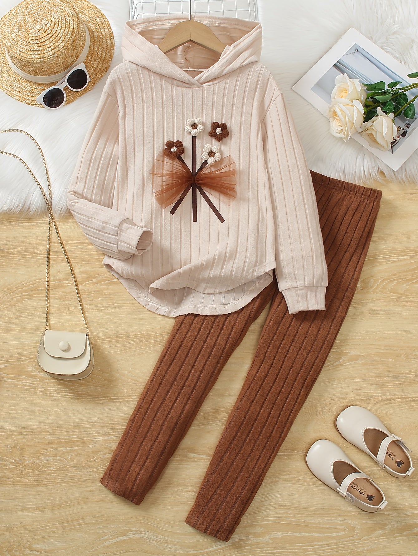 Women's Two-Piece Hooded Outfit with Floral Embroidery for Spring and Fall