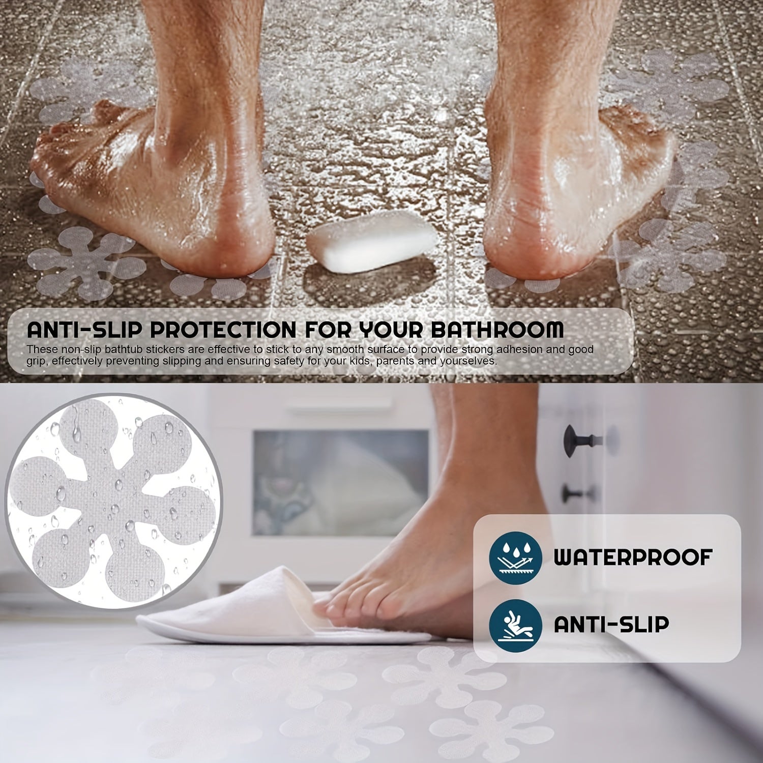 Non-Slip Snowflake Bathtub Stickers Sets of 3, 12, or 24 Transparent Floor Decals