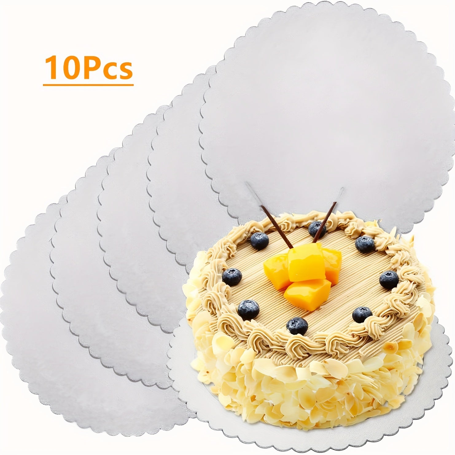 Set of 10 Silver Round Cake Boards with Scallop Edge, Disposable, Grease Proof