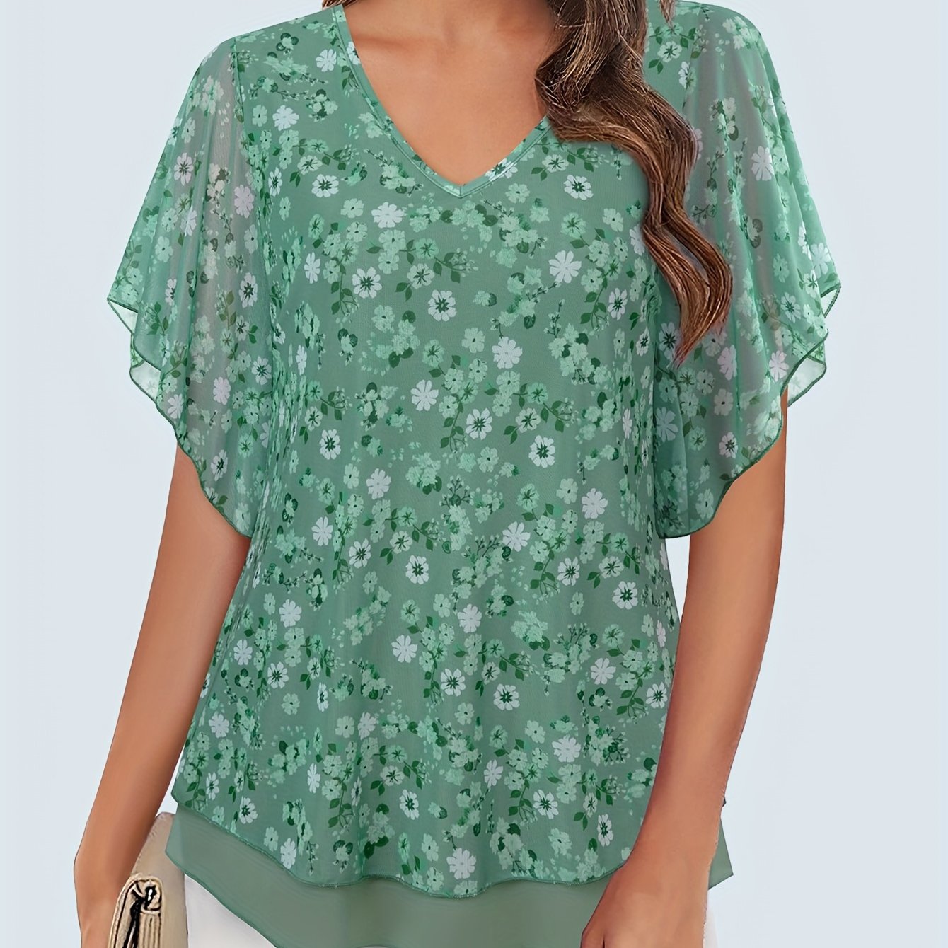 Women's Mesh Blouse Short Sleeve V-Neck Floral Ruffle Summer Tunic Top