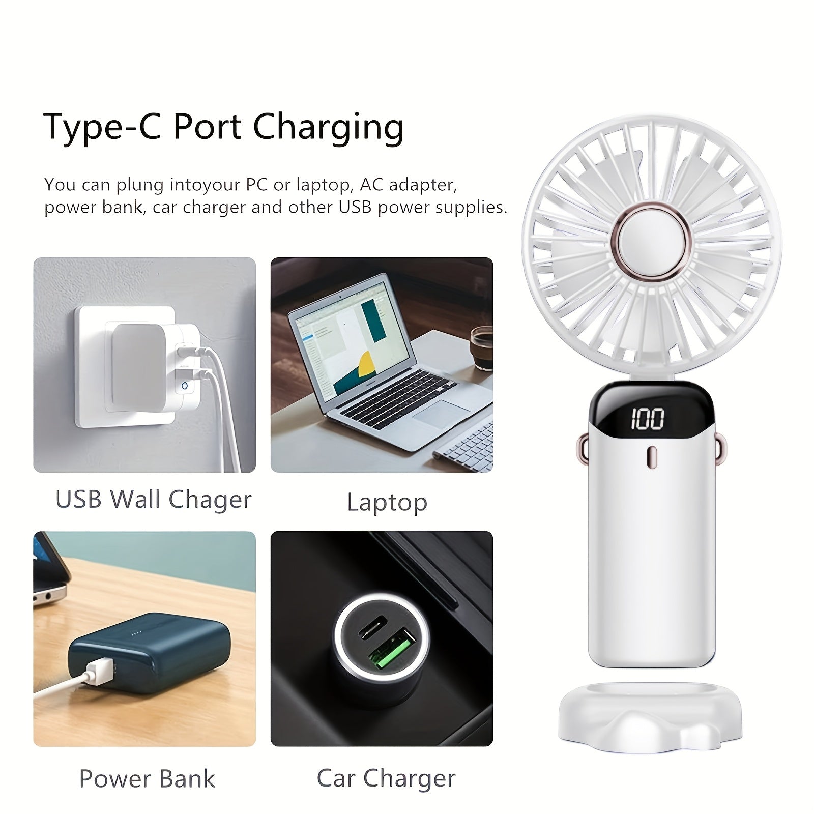 Mini USB Fan with 5 Speeds, Battery Indicator, Portable for Work and Outdoors