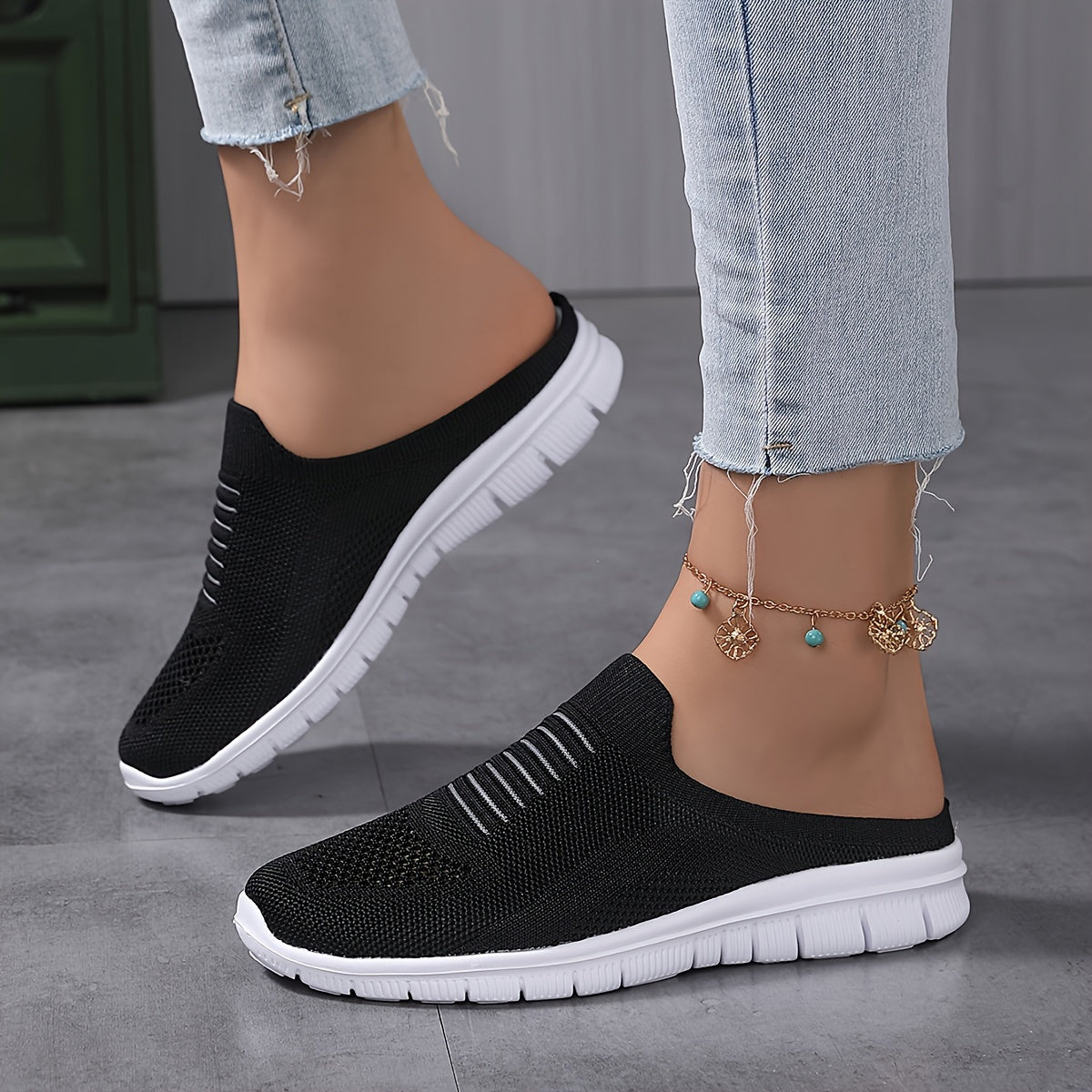 Women's Breathable Knit Mule Sneakers Casual Slip-On Lightweght Outdoor Shoes