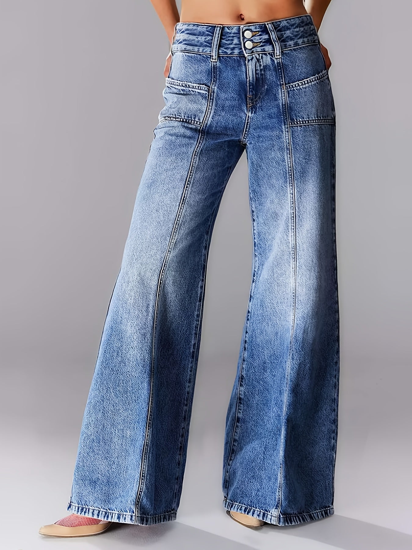 Jeans de mezclilla de pierna ancha de talla grande con cintura alta para mujer, casual, de color sólido, para todas las estaciones