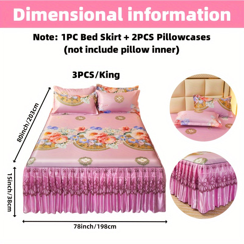 Комплект на кровать с жаккардовой юбкой и наволочками, цветочный узор, кружевной край, полиэстеровая ткань с ткацким переплетением