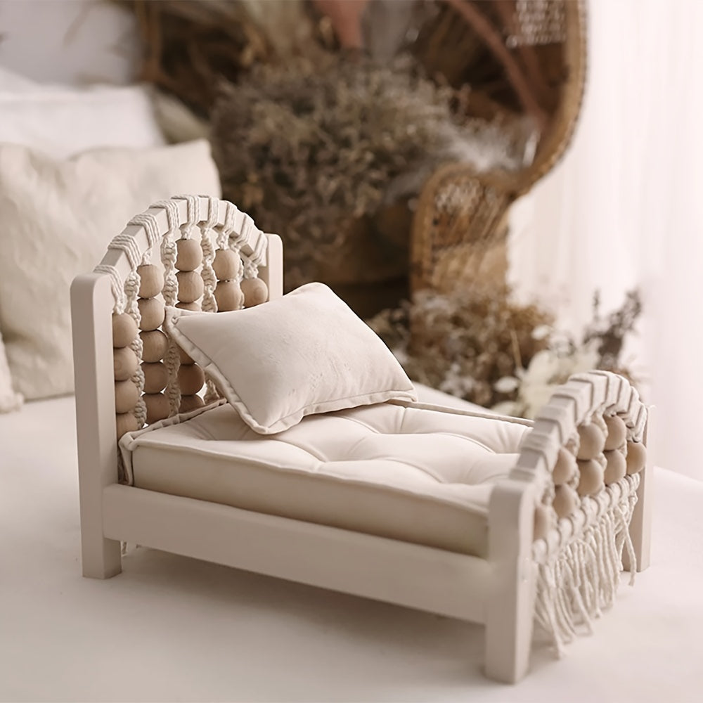 Unisex Wooden Baby Photography Prop Bed for Newborns to 3 Years Neutral Weaving Design