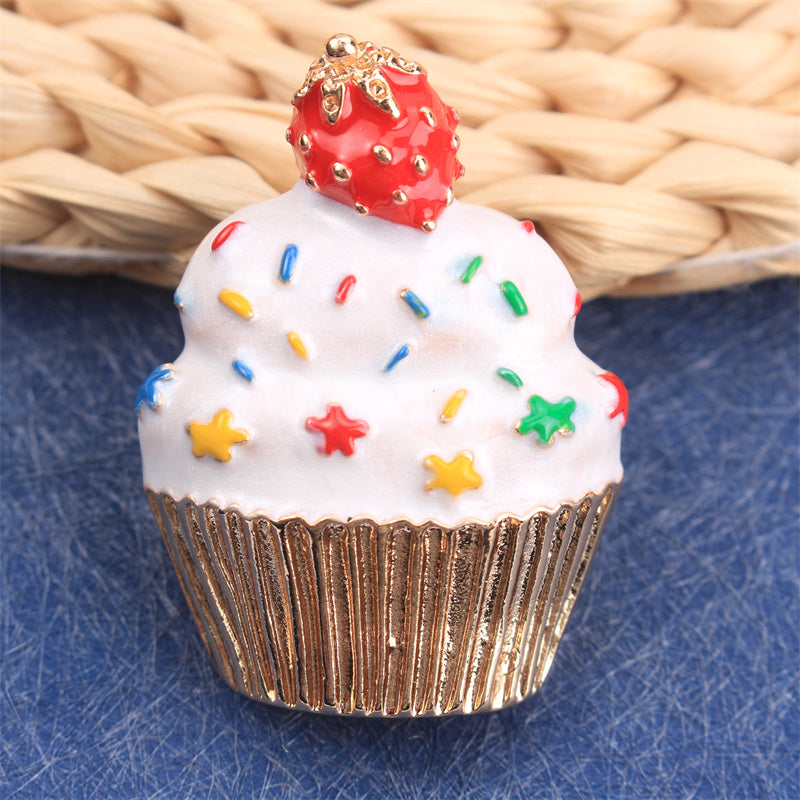 Alloy Cupcake Brooch Pin with Strawberry Top for Women Clothing Bags Hats