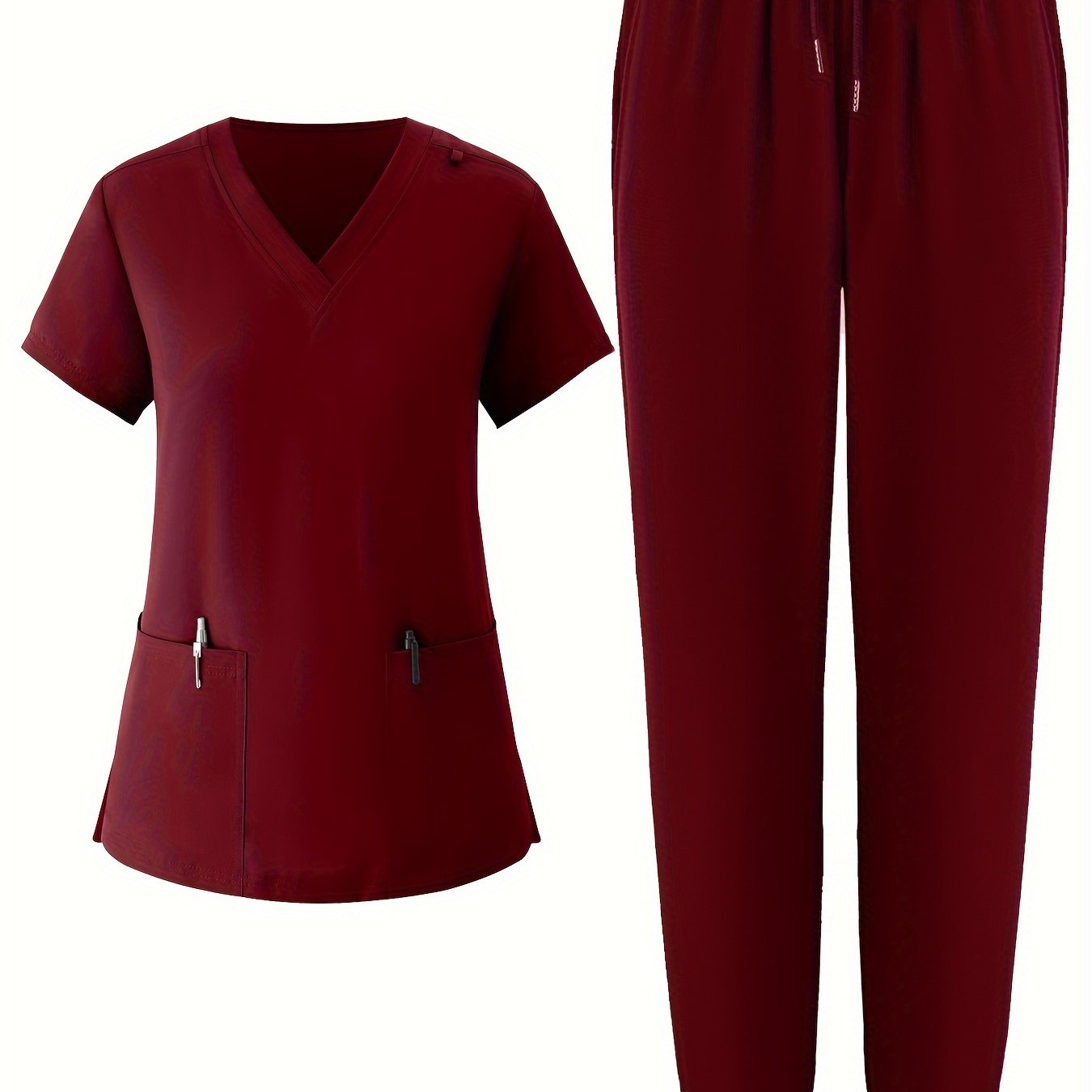 Women's V-Neck Scrub Set Solid Color Breathable Pockets All-Season Workwear