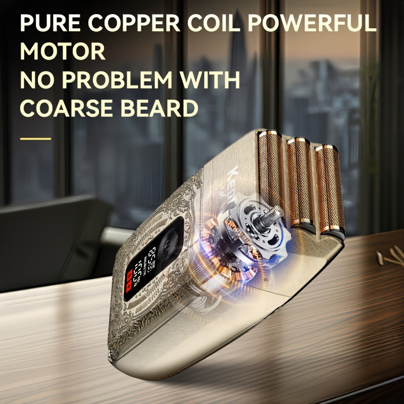 Kemei Oscillating Electric Shaver, model KM-T88, metall o'yma korpus, LCD ekran displeyi, 3D suzib yuradigan pichoq tarmog'i, professional pichoq bosh, uch tezlikda soqol olish va ikki tomonlama foydalanish imkoniyatiga ega.