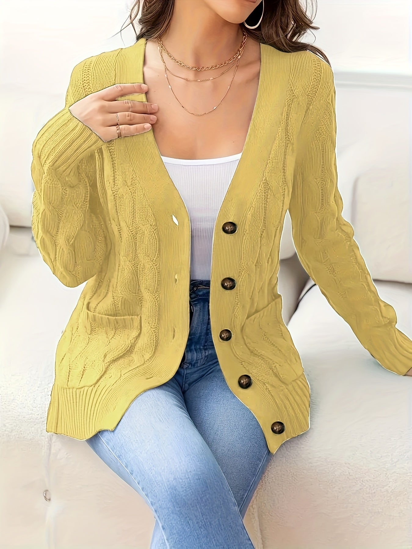 Plus Size Women's Solid Color Cable Knit Open Front Long Sleeve Cardigan