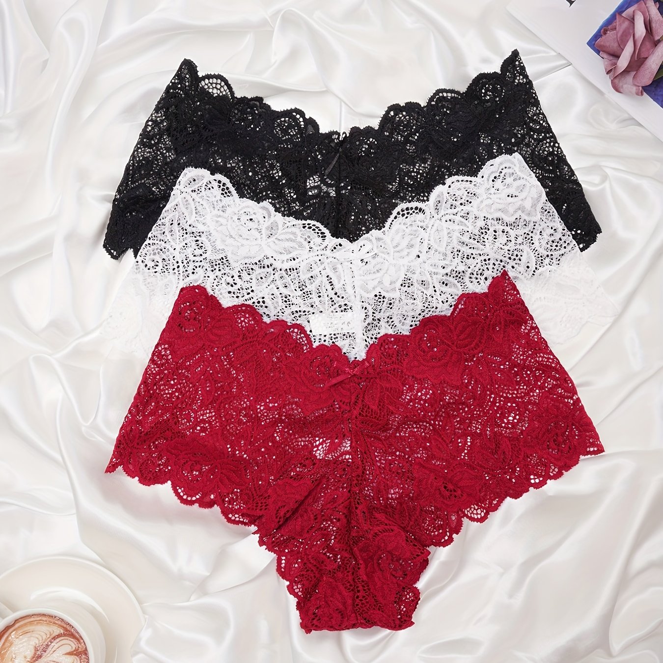 Women's Floral Lace Panties Set 3 Pack Breathable Scallop Trim Jacquard Sheer Shorts